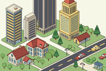 113 detailed colorful illustration of a vibrant modern city skyline with skyscrapers, residential buildings, parks, roads, cars, trees, and small houses, isometric view, highly detailed, 3d, photoreal
