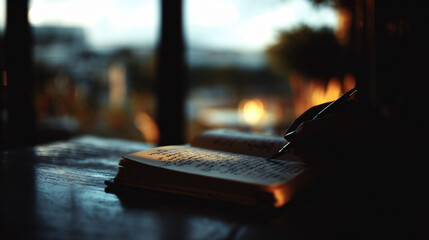 A notebook lying on a table with a hand jotting down notes, background softly blurred.