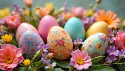 Colorful Easter eggs displayed on a spring floral arrangement , springtime, bunny