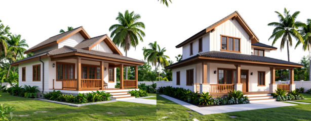 house model rendering with a front porch and gable roof, wooden accents, a two-story cottage-style home, white walls with brown trim, a front yard, palm trees in the background