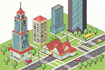 113 detailed colorful illustration of a vibrant modern city skyline with skyscrapers, residential buildings, parks, roads, cars, trees, and small houses, isometric view, highly detailed, 3d, photoreal