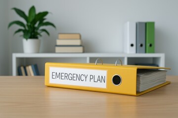 Yellow Emergency Plan Binder Office Desk Business Workplace Preparedness Documents Important Strategy Safety Security Risk Management File Folder Documents Organization Book Room Data Paper Table     
