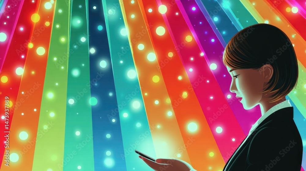 Poster a young woman in a suit looks at her device in a vibrant and colorful setting with light effects cre