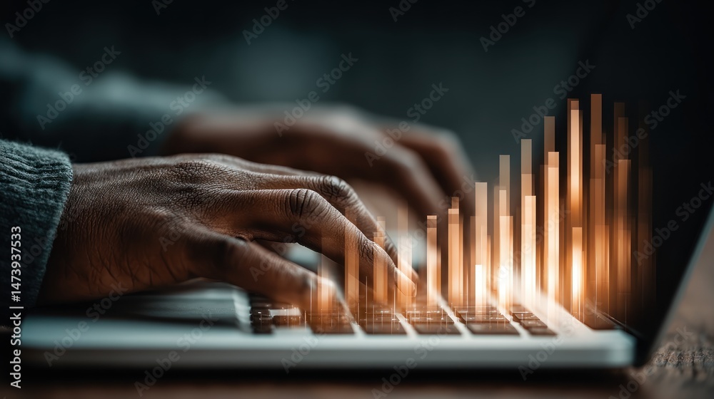 Aufkleber an individual types on a laptop keyboard as an upward trending bar graph appears above the keys, sym