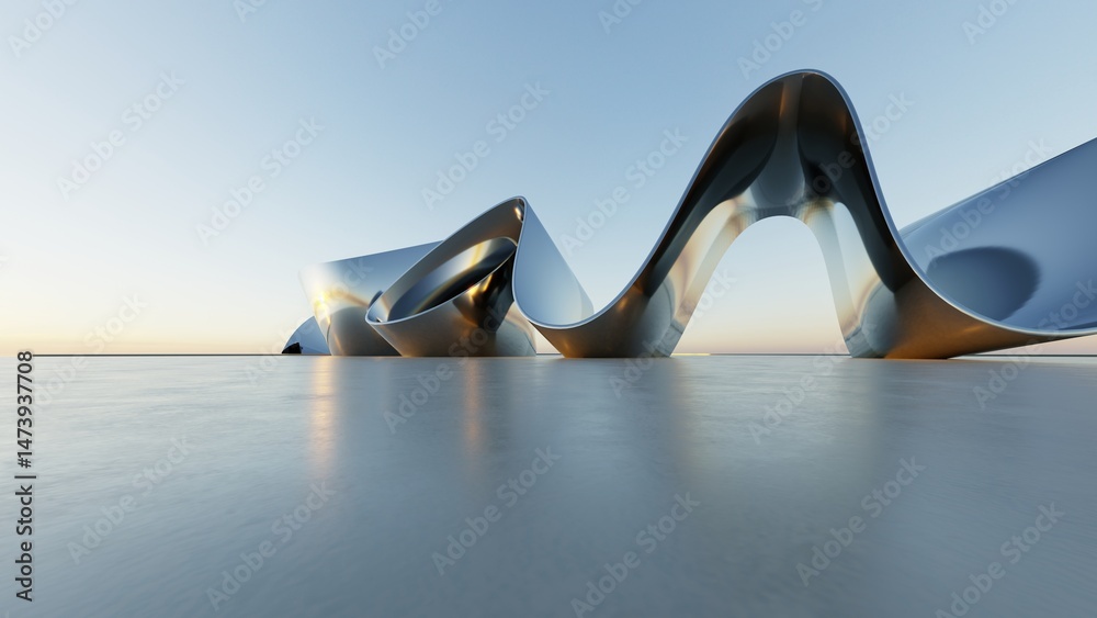 Poster 3d illustration of abstract minimal metallic architecture background, geometric architectural with c