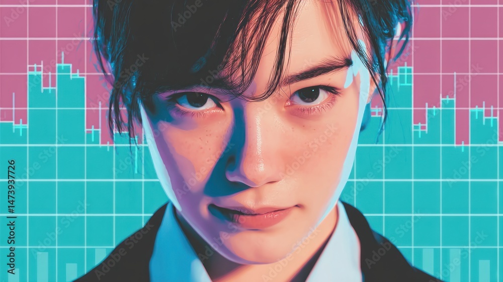 Leinwandbilder an attractive young woman in a suit stares confidently at the viewer with a digital stock chart back