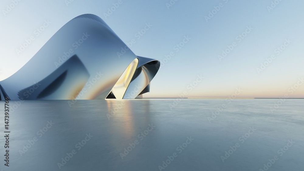 Poster 3d illustration of abstract minimal metallic architecture background, geometric architectural with c