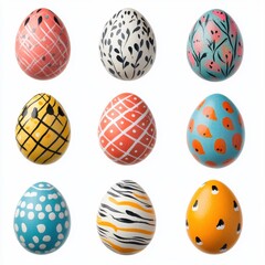 Nine hand-painted Easter eggs, featuring various patterns like polka dots, floral prints, and abstract designs, in a variety of pastel colors