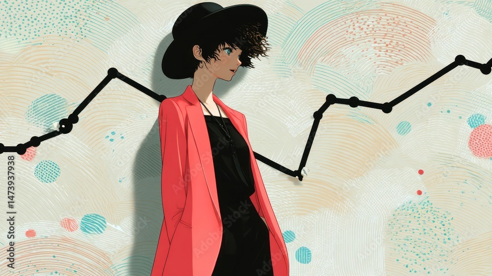 Poster an elegantly dressed woman in a black hat and red blazer stands confidently before an abstract backg