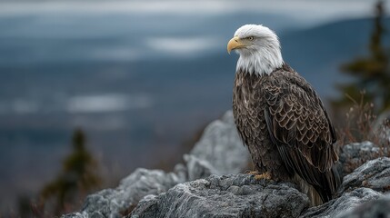 Fototapeta premium Majestic Bald Eagle on Mountain Peak: A majestic bald eagle, perched on a rocky outcrop, surveys its kingdom. The powerful bird of prey, with its distinctive white head and brown body.