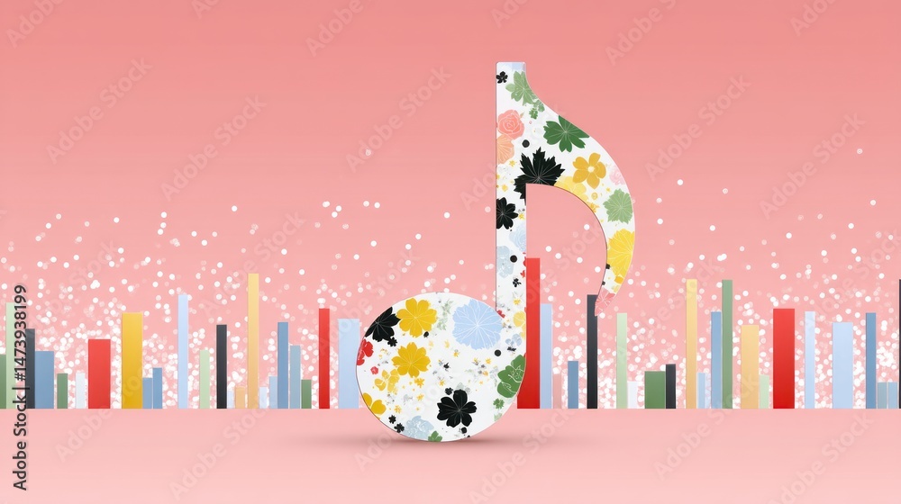 Poster A decorative floral-patterned musical note stands out against a pink background with colorful bars and white specks, creating a vibrant and artistic composition.