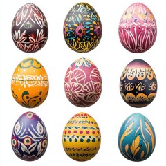 Fototapeta premium Nine decorated eggs, showcasing intricate floral and abstract designs in various colors. Each egg has unique patterns, creating a vibrant and festive display