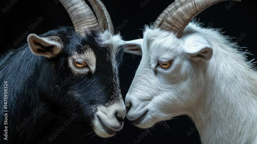 Poster two goats standing side by side, grazing in a field