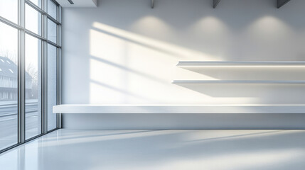 Obraz premium Modern gallery space with empty white shelf and large window