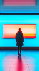 A person stands in front of a vibrant, abstract digital art display in a modern, brightly lit gallery.