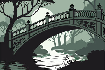 117 intricate gothic bridge, arched structure, silhouette, dramatic shadows, water reflection, architectural design, elegant ornamental details, atmospheric lighting, moody and mystical landscape