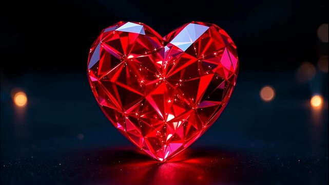 Red crystal heart shape. Reflective surface and dark background for Saint valentine day greeting card design or love message. Celebration of amorous relationship.