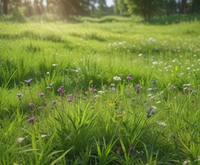 Obraz premium Vibrant green grass, wildflowers in bloom, sunny June day , vivid, spring