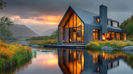 Fototapeta premium Sleek Contemporary Home with Reflective Metal Roofing, Bathed in Golden Hour Sunlight, Surrounded by Clean Lines and Open Space