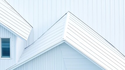 Obraz premium Modern residential structure featuring sleek energy-efficient corrugated steel roofing, minimalist design emphasizes clean lines and open space, inviting and sustainable living environment.