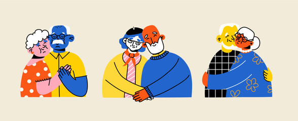 Set of cute elderly couples. Happy seniors together. Old men and women, spouses. Vector doodle cartoon illustration in flat style