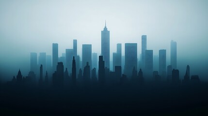 A modern city skyline emerges from a misty blue haze, featuring tall skyscrapers and varied urban architecture.