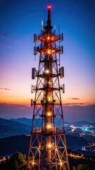 A tall communication tower illuminated against a twilight sky, with a scenic view of a city and mountains in the background