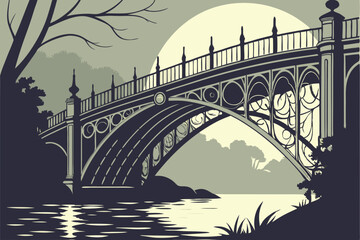 117 intricate gothic bridge, arched structure, silhouette, dramatic shadows, water reflection, architectural design, elegant ornamental details, atmospheric lighting, moody and mystical landscape