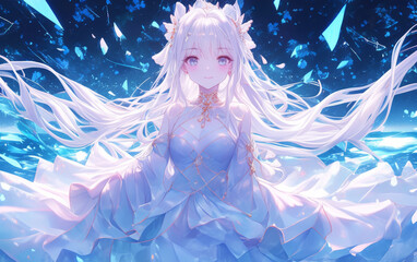 躍動感あふれる白髪の美少女キャラクター・アニメスタイルのファンタジーイラスト