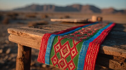 Traditional Djibouti sash with red, green, and blue embroidery on wood, celebrating independence and cultural pride.