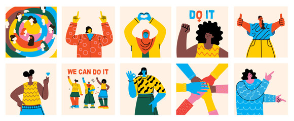 Strong women and girls different nationalities and cultures stand together near the big letters of the word Women. Female friendship, union of feminists or sisterhood. Colorful vector illustration.