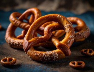Freshly baked Bavarian pretzels sprinkled with salt and sugar, styled on a rustic dark surface for a traditional food photography scene perfect for culinary or Oktoberfest content.