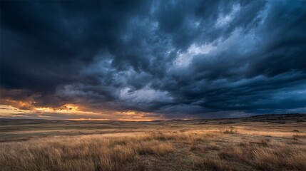 Obraz premium Storm clouds loom over prairie as golden light pierces through, nature's dramatic contrast unfolds