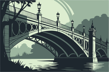 117 intricate gothic bridge, arched structure, silhouette, dramatic shadows, water reflection, architectural design, elegant ornamental details, atmospheric lighting, moody and mystical landscape