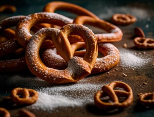 Freshly baked Bavarian pretzels sprinkled with salt and sugar, styled on a rustic dark surface for a traditional food photography scene perfect for culinary or Oktoberfest content.
