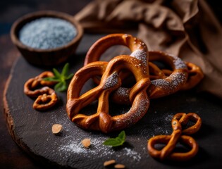 Freshly baked Bavarian pretzels sprinkled with salt and sugar, styled on a rustic dark surface for a traditional food photography scene perfect for culinary or Oktoberfest content.