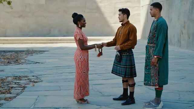 Scottish couple in traditional kilts having a conversation outdoors