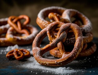 Freshly baked Bavarian pretzels sprinkled with salt and sugar, styled on a rustic dark surface for a traditional food photography scene perfect for culinary or Oktoberfest content.