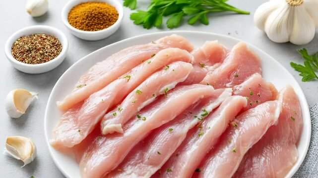 Fresh Raw Chicken Breast Fillets on a Plate with Spices and Garlic for Healthy Meal Preparation