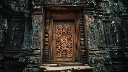 Fototapeta premium Intricate Carvings on an Ancient Khmer Temple Door