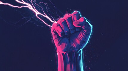 A clenched fist holding or releasing lightning symbolizes super strength, magical energy metaphor about controlling great power fantasy abstract art