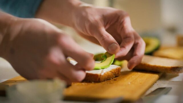 Hands are skillfully layering avocado slices on a slice of bread in a warm kitchen. This activity highlights the joy of making fresh, nutritious meals at home