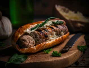 Juicy grilled sausage served in a fresh bun with herbs and garnish, captured in rich lighting. Ideal for showcasing comfort food, German cuisine, or BBQ-themed content.