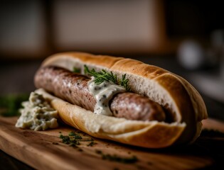 Juicy grilled sausage served in a fresh bun with herbs and garnish, captured in rich lighting. Ideal for showcasing comfort food, German cuisine, or BBQ-themed content.