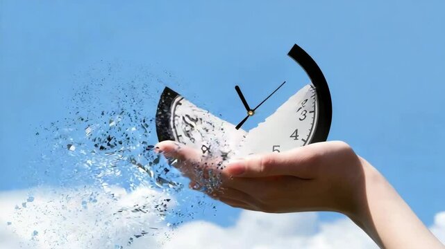 Melting clock dissolving in hand against sky symbolizing fleeting time. A dissolving clock held in a hand, surreal, blue sky background, concept of time slipping away and impermanence of moments