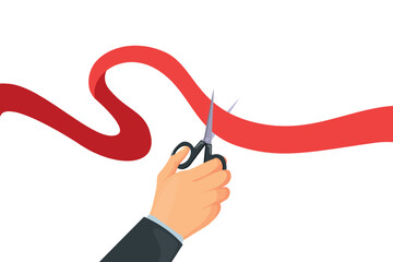 Hand cut red ribbon. Grand opening concept, boss hands with scissors cutting ribbon business launch startup businessman new project event celebration cartoon vector illustration