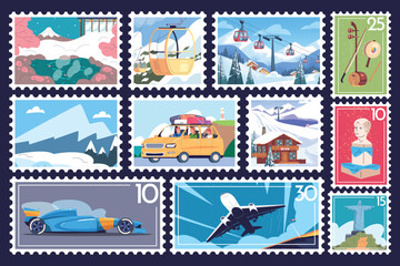 Obraz premium Travel postage marks. Touristic postcard postage stamps, summer vacation letter mail post stickers with attractions Japan Brazil mountains snow ski resort mark vector illustration