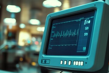 Obraz premium Medical monitor displaying vital signs in a hospital setting. Fluctuating heart rate and other parameters visible on screen, blurred hospital interior in the background