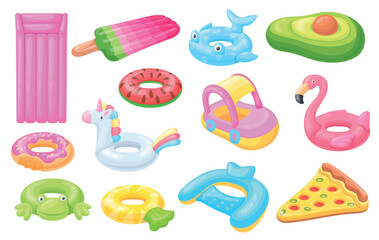 Swimming rings and mattress. Inflatable swim ring for summer sea beach or pool, cartoon floater rubber circle buoy float tube lifebuoy water animal toy set neat vector illustration