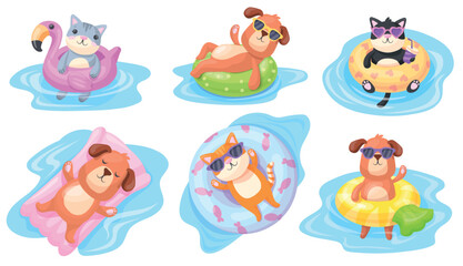 Animals in swimming rings. Cartoon cute pet swim ring pool, dog cat sunglasses funny characters summer vacation sea beach mascot float inflatable circle, neat vector illustration
